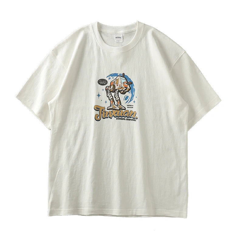 Dukeen 320g Heavyweight Oversized Short-Sleeved T Shirt Men Summer Plus Size Cotton Robot Printing Tees Couples