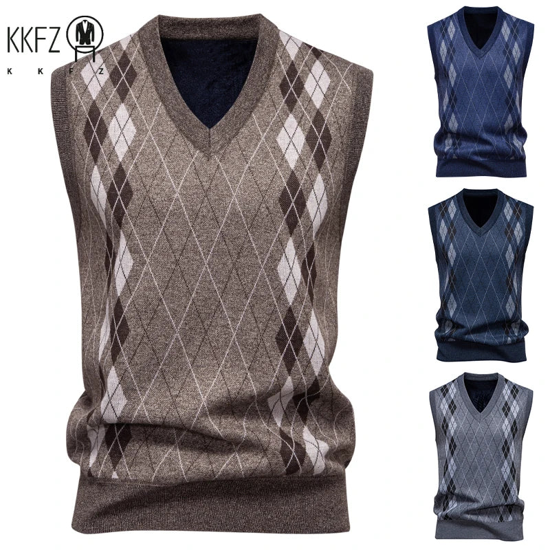 Men's V-Neck Knitted Sweater Diamond Grid Twisted Flower Casual Fashion Top for Autumn Winter Versatile Knitwear