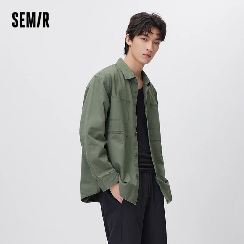 Semir Cargo Shirt Men Long Sleeve Cotton Twill Loose Lapel Fleece Casual Commute Daily Wear Spring Fashion Comfort Top