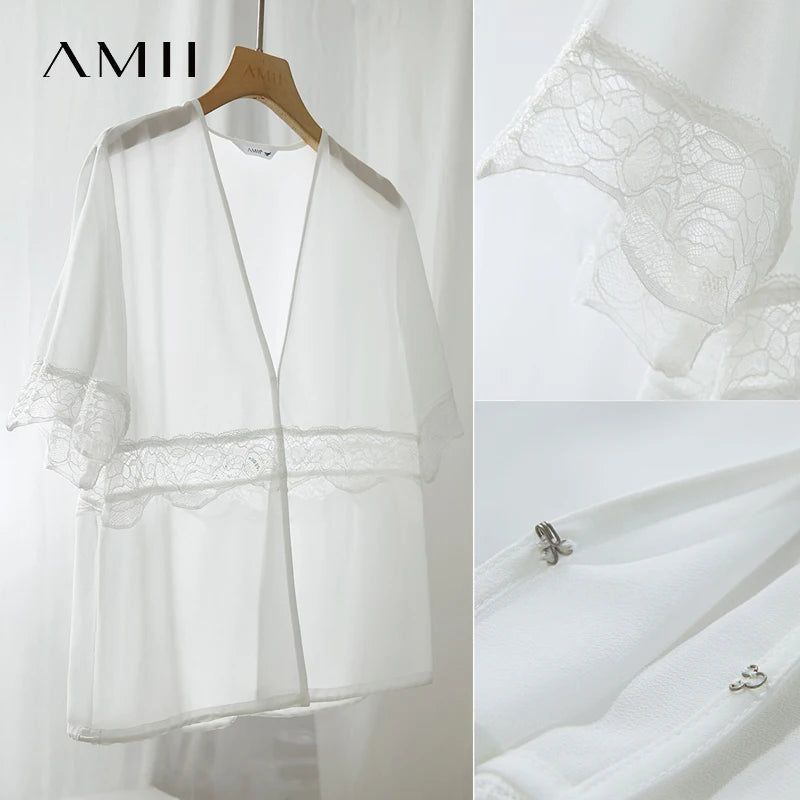 អាវ Amii Minimalist Beige Chiffon អាវស្ត្រីរដូវក្តៅឆ្នាំ ២០២៥ ថ្មីសម្រាប់នារីការិយាល័យធម្មតា V-neck Lace Solid Blouse Elegant Fairy Top 12522146