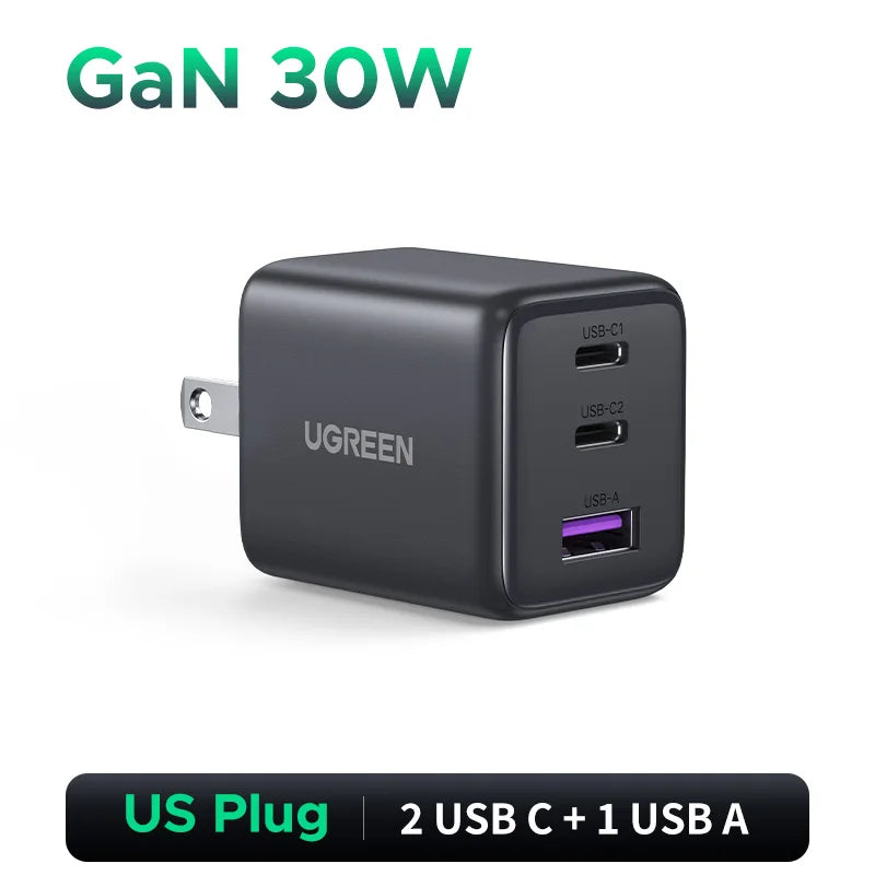 UGREEN 30W GaN Charger 3 Ports PD 3.0 USB C Charger For iPhone 18 17 16 Pro Samsung S25 Xiaomi Tablet iPad Air Pro Phone Charger