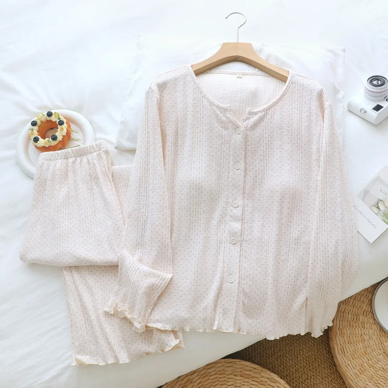 Knitted Cotton Sleepwear Lady Long-sleeved TrousersTwo-piece Spring Autumn Women's Home Wear Pyjama Set New Arrival Homewear