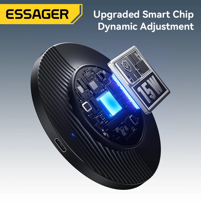 ឆ្នាំងសាកឥតខ្សែ Essager 15W ម៉ាញេទិក បន្ទះសាកថ្មលឿន សម្រាប់ iPhone 17 16 15 Pro កាសស្តាប់ត្រចៀក Huawei Samsung Xiaomi ទូរស័ព្ទ Android