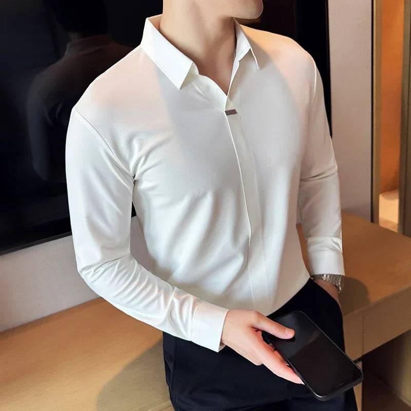 Men's Special V-neck Long-Sleeved Polo Shirt, High-Grade Elasticity Traceless Lapel T-shirt, Brown Blouse Collar Slim-Fit Top