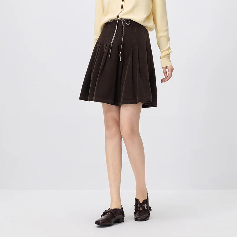 Semir Women Mini Skirt Corduroy Cotton Patchwork High Waist Pleated Retro Casual Autumn Bottoms Daily Wear 2026