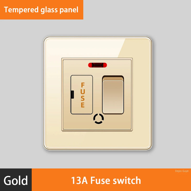 Luxury All Tempered Glass Wall Lamp Switch Button Golden UK Plug 13A Universal Wall Socket with Usb ,220V2gang2way Dimmer Switch