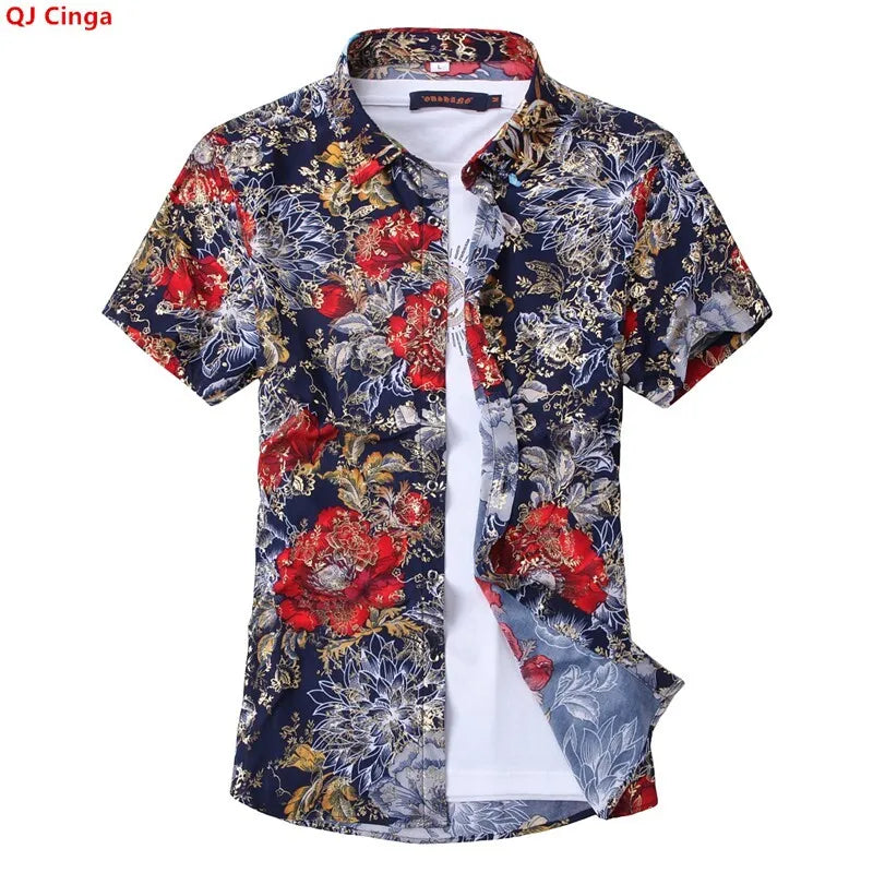 New Summer Collection of Men's Short-sleeve Printed Shirts, Red Single-breasted Button-down Shirts, Asian Sizes M–7XL.