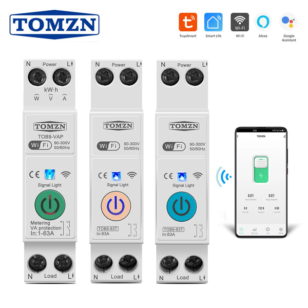 TOB9 63A 1P+N WIFI Smart Switch Energy Meter KWh Metering Monitoring Timer Relay MCB TUYA Smartlife Voltage Current Protection