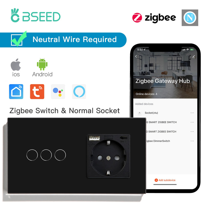BSEED Zigbee Touch Switch 1/2/3Gang 2/3Way Smart Wall Switch Plus EU Socket Tuya Google Home App Alexa Control Need Neutral Wire