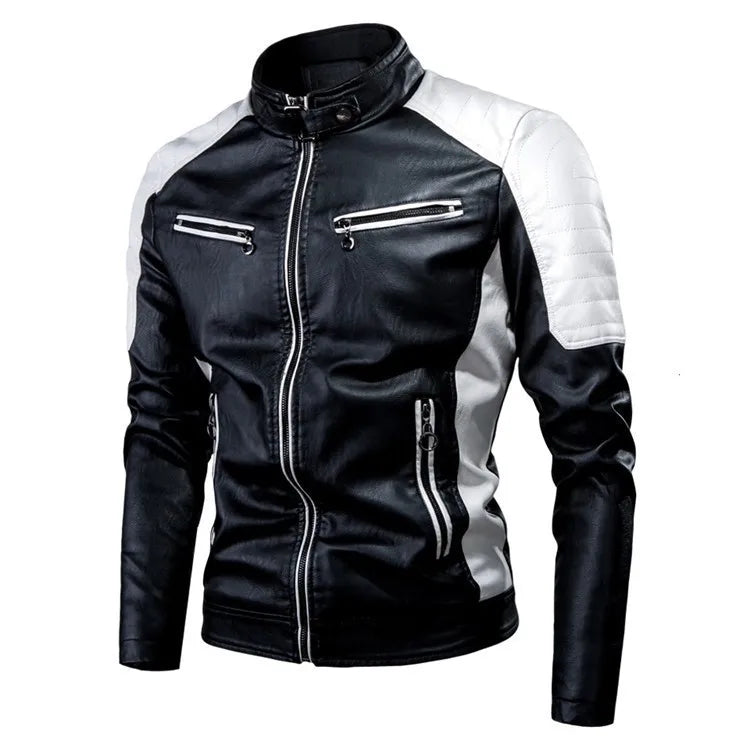 Men's Long Sleeve Artificial Leather Jacket Autumn New Style Two-color Splicing Decorative PU Coat Red Blue Green Brown Black Op