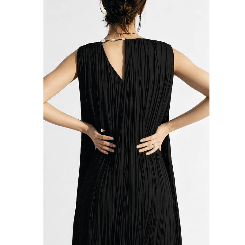 Amii Sleeveless Women's Dress 2026 Summer New Round Neck Tie Pleated Midi Dress Loose Fit Casual Elegant Woman Clothes 12622203