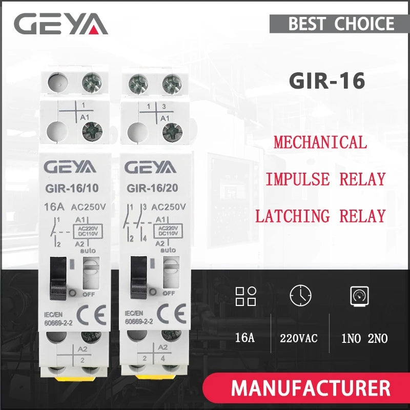 រេឡេមេកានិច GEYA GIR សម្រាប់ប្រើប្រាស់ក្នុងផ្ទះ រេឡេបញ្ជាដោយស្វ័យប្រវត្តិ Bistable Latching 16A 1NO 2NO Coil 230V AC 110V DC