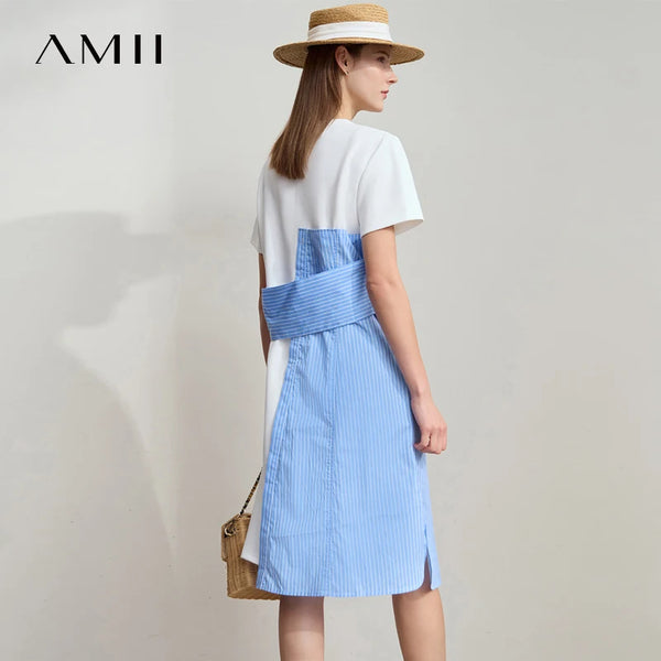 រ៉ូបរដូវក្តៅ AMII Minimalism សម្រាប់នារី កអាវខ្លី ដៃខ្លី ឆ្នូតយឺត ពណ៌ផ្ទុយ រ៉ូបចូលរួមពិធីជប់លៀង 12542262