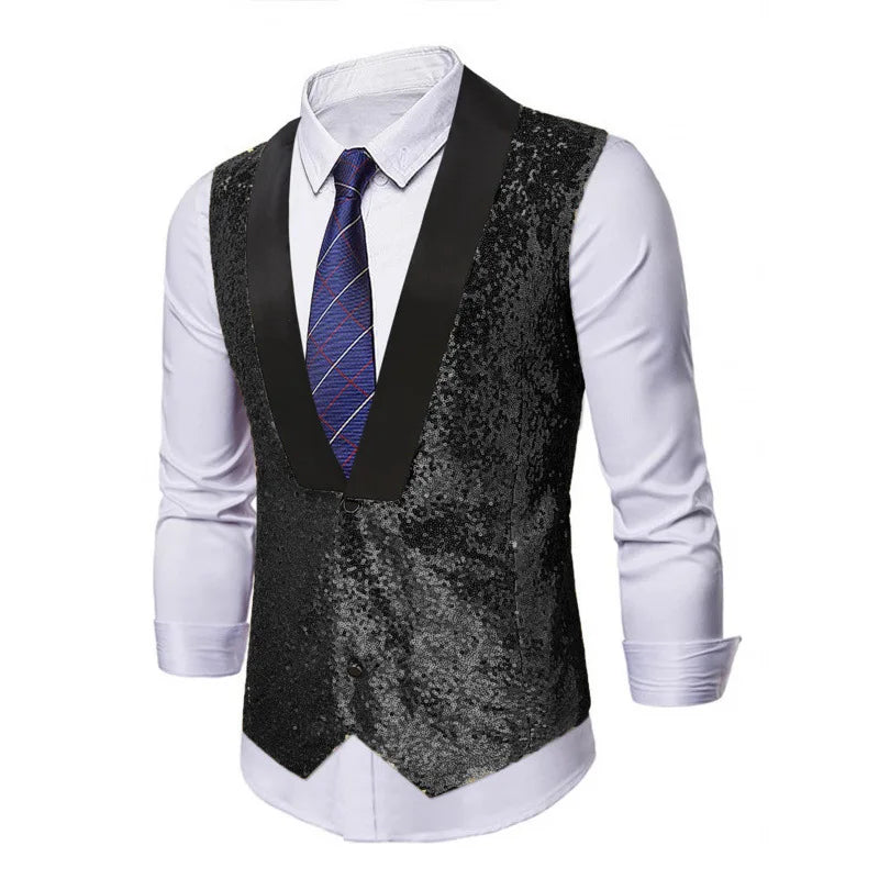 Men's Gold Sleeveless Vest Jacket with Sparkling Round Sequins; Perfect for Weddings, Parties, Performances Silver Waistcoat