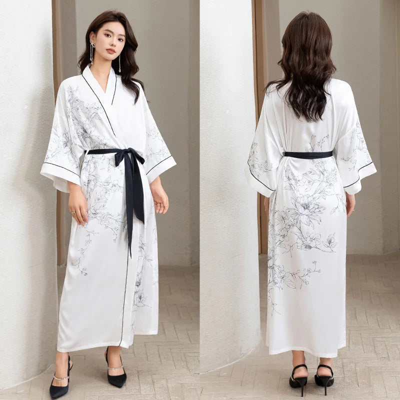Women Ice Silk Rayon Home Dress Black Print Flower Long Robe Nightgown Spring Summer Half Sleeve Kimono Bathrobe Gown