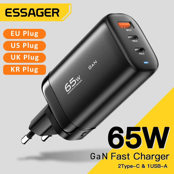 ឆ្នាំងសាក Essager 65W GaN USB Type C សម្រាប់កុំព្យូទ័រយួរដៃ PPS 45W 25W សាកលឿនសម្រាប់ Samsung QC3.0 PD3.0 សម្រាប់ឆ្នាំងសាកទូរស័ព្ទ IPhone17 16 Pro