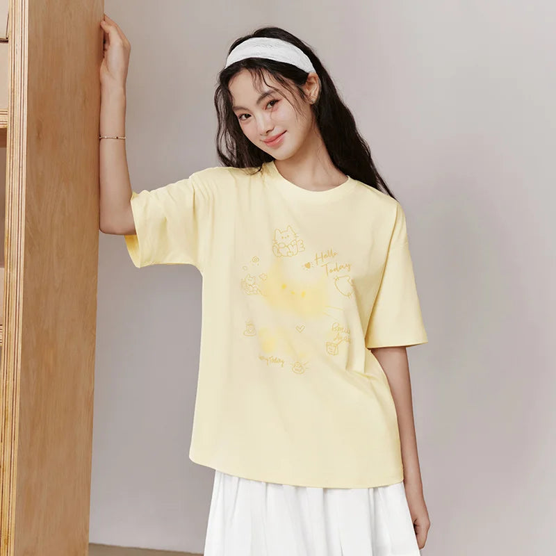 Semir Women Tshirt Mid Length Loose Cartoon Print Short Sleeve Summer 2026 Cute Casual Niche Style Fashion Top Tee