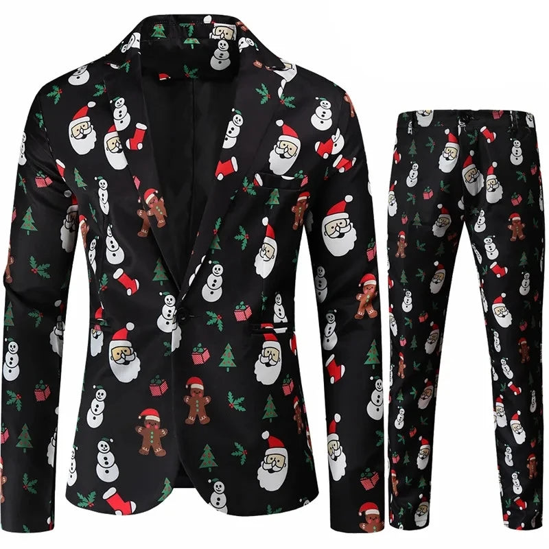 2026 New Thin Men's Blue Suit Two-Piece Set, Christmas Essential Loose Fit Asian Size Classic Christmas Outfit for Men