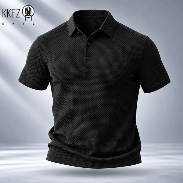 Mens Short Sleeve Polo Garment Fine Workmanship Breathable Soft Waffle Material Stretchy Design For Office Working Casual Wear