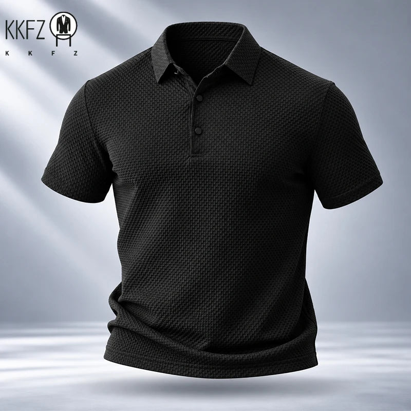 Mens Short Sleeve Polo Garment Fine Workmanship Breathable Soft Waffle Material Stretchy Design For Office Working Casual Wear