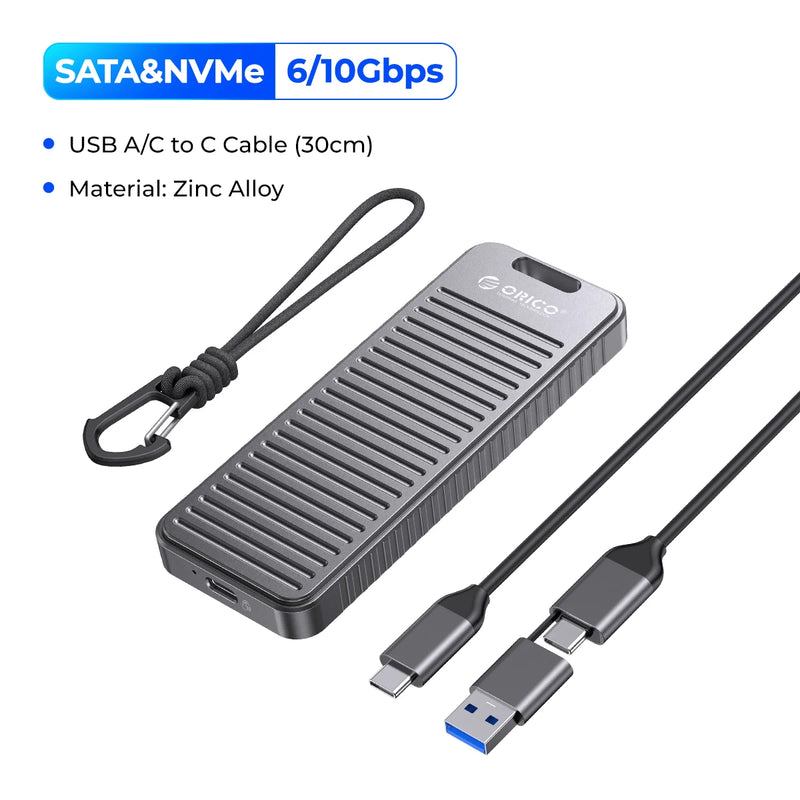 ORICO Portable M.2 NVMe SATA SSD Case Zinc Alloy Waterproof Shockproof Enclosure 10Gbps with Lanyard Heatsink for Outdoor Travel