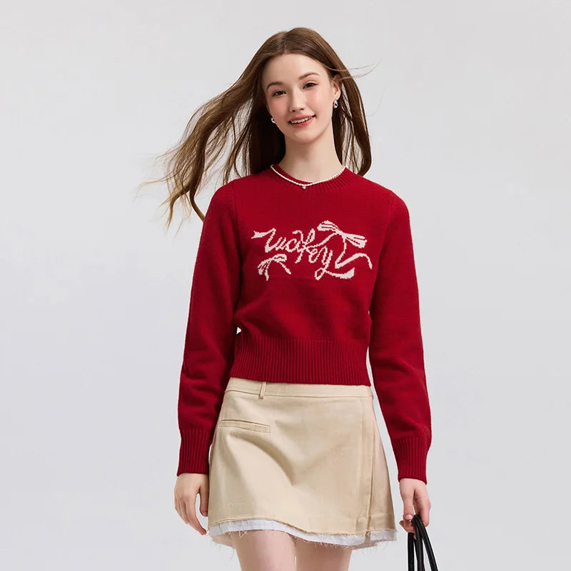 Semir New Year Sweater Women Short Bowknot Slim Fit Round Neck Knit Top 2026 Spring Style Red Fashion Basic Tops