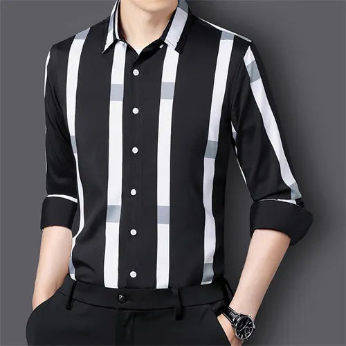 Black Striped Long Sleeve Shirt, Men's Single Breasted Shirts, with Square Collar Yellow Brown Camisas Para Hombre M-5XL