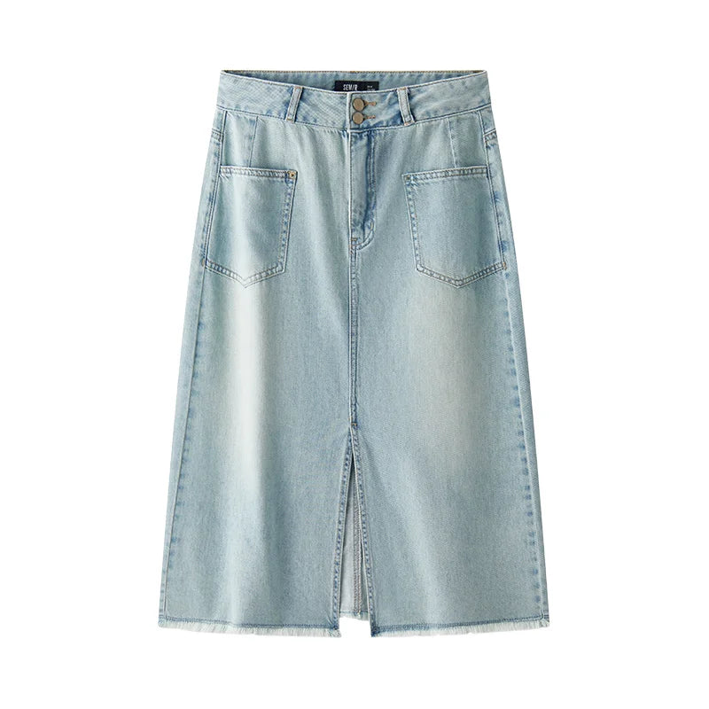 Semir Women Skirt HighWaist Slit Frayed Vintage Washed Straight Denim Long 2026 Trendy Street Daily Fashion Wear