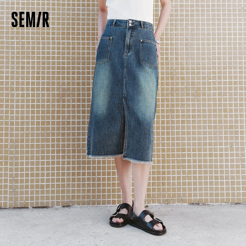 Semir Women Skirt HighWaist Slit Frayed Vintage Washed Straight Denim Long 2026 Trendy Street Daily Fashion Wear