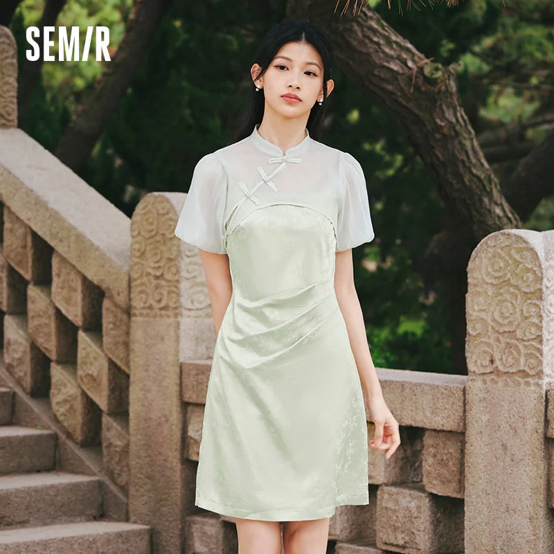 Semir Dress Women Textured Spaghetti Strap Bubble Sleeve Cover-Up Dress 2025 Summer New Set Dress