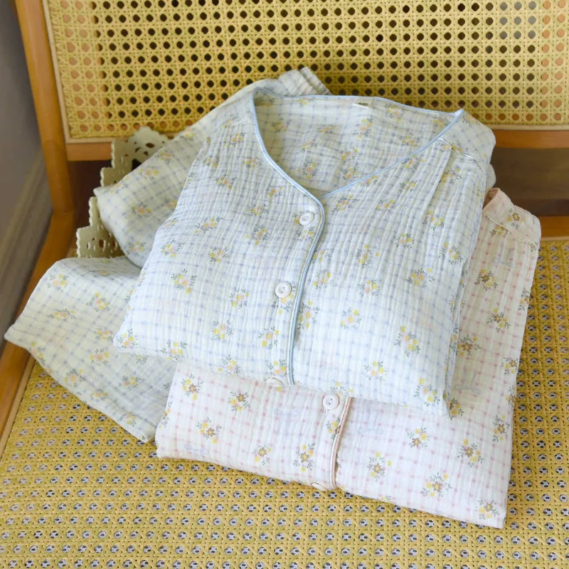 Chest Pad Long-sleeved Women's Home Clothes Floral Sleepwear Cotton Pyjamas Woman 2 Piece Sets Nighty Casual Loungewear Suit