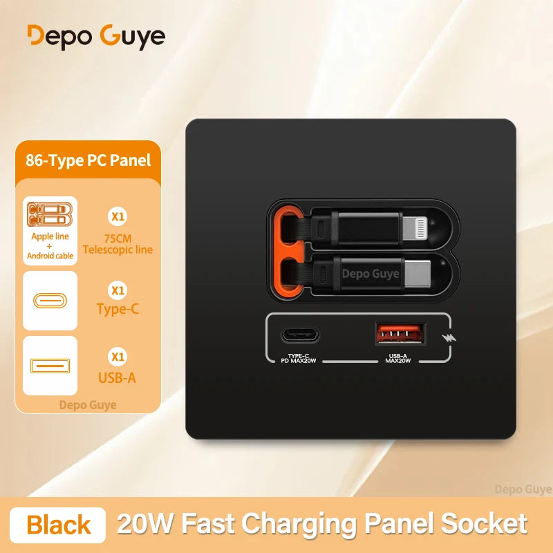 EU Universal 20W USB C Smart Wall Socket Panel Dual Type-C Fast Charge Ports Mobile Phone Charging Outlet