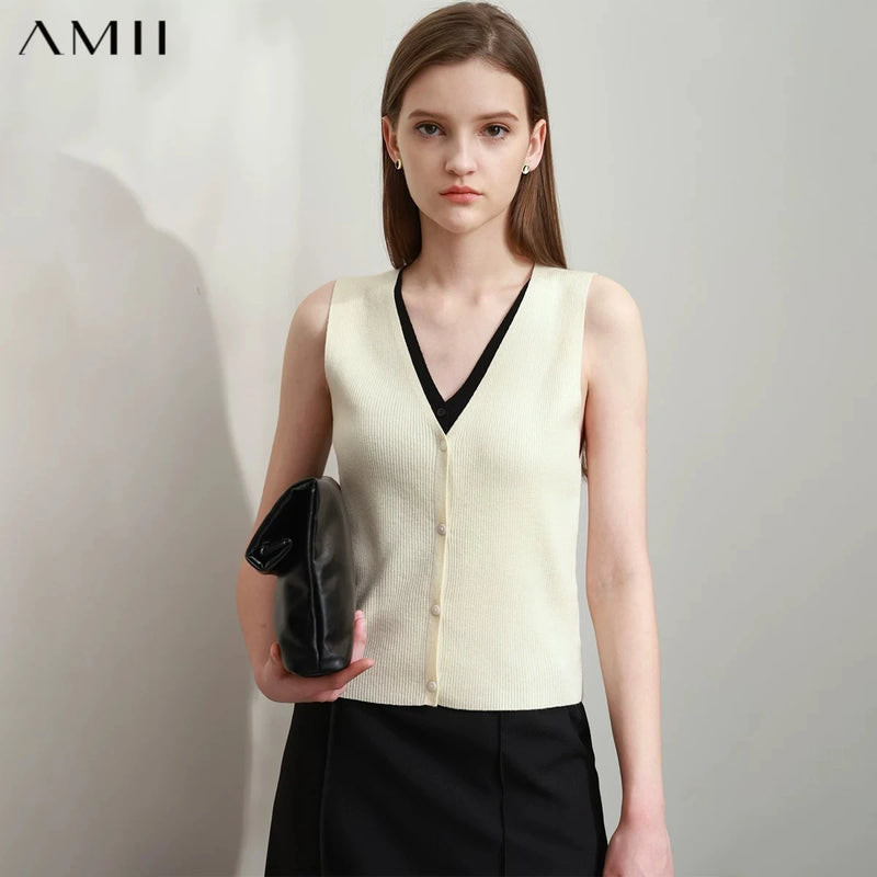 អាវកាក់ AMII Minimalist សម្រាប់ស្ត្រី រដូវស្លឹកឈើជ្រុះឆ្នាំ ២០២៦ អាវកាក់ក V ថ្មីស្រឡាង ពាក់ត្រង់គ្មានដៃ 12521037