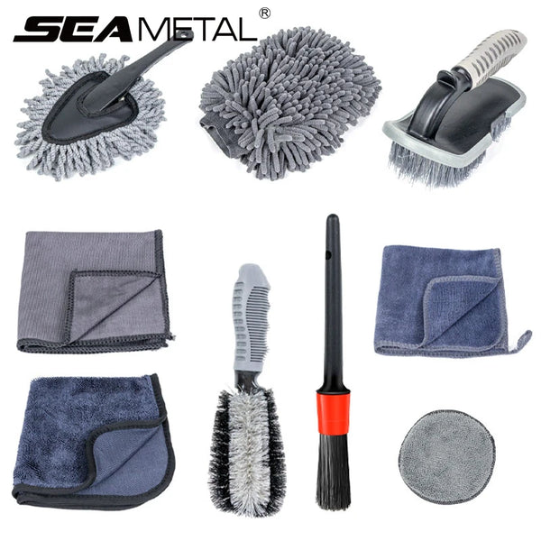 SEAMETAL 9pcs Car Wash Brush Towel Kit Professional Car Wheel Tire Cleaning Brush Towel Glove Wash Pad Set for Car Accessories