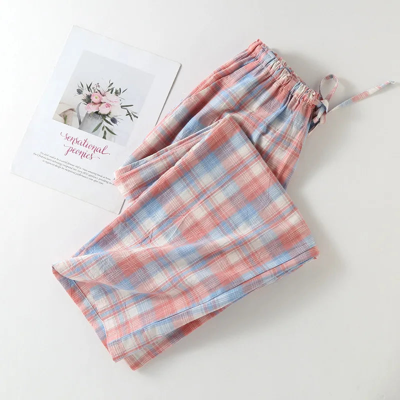 Pure Cotton Leisure Home Trousers Casual Plaid Breathable Sleepwear Pants Spring Autumn Homewear Pajamas Pant Women Pantalones