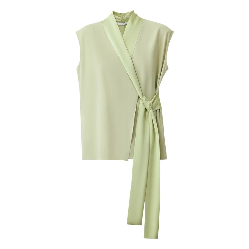 Amii Elegant Women's Blouse 2026 Summer New V-Neck Sleeveless Chiffon Top Satin Spliced Office Flowy Shirt For Women 12642213