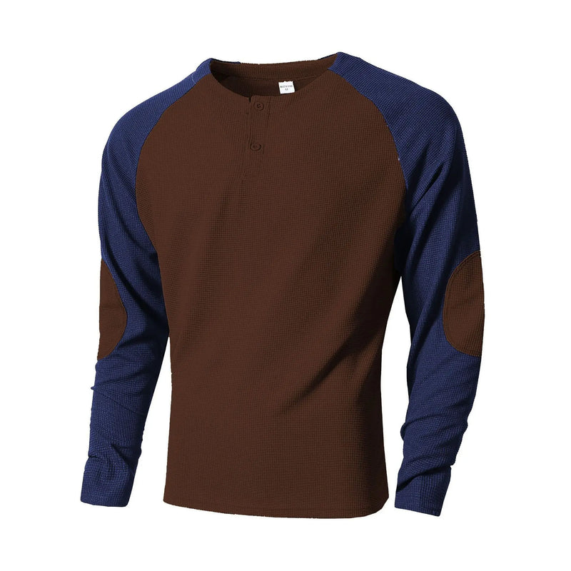 Men's Autumn Outdoor Breathable Long - Sleeve Round - Neck Waffle Knit Sweatshirt with Raglan Sleeve Splicing