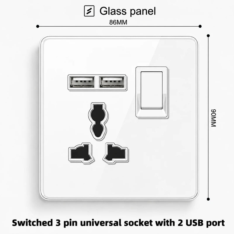 White Tempered Glass 2Way Wall Light Switch, UK Wall 18W Type-C Fast Charging USB Socket, Universal Electrical Outlet Plug 220V