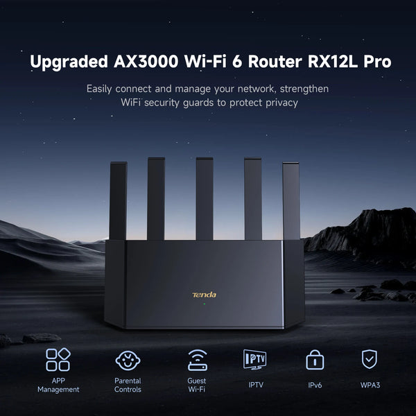 រ៉ោតទ័រ Tenda RX12L Pro AX3000 WiFi 6 រ៉ោតទ័រឥតខ្សែ Dual Band Gigabit 2976Mbps Mesh Router 1.3GHz Dual Core CPU 5 អង់តែន
