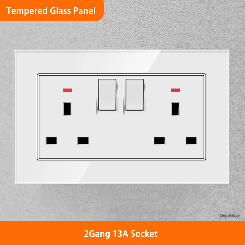 White Universal UK 13A Socket with USB Type-C 18W Fast Charging Wall Socket,Tempered Glass Button Light Switch,Dual 3pin Socket