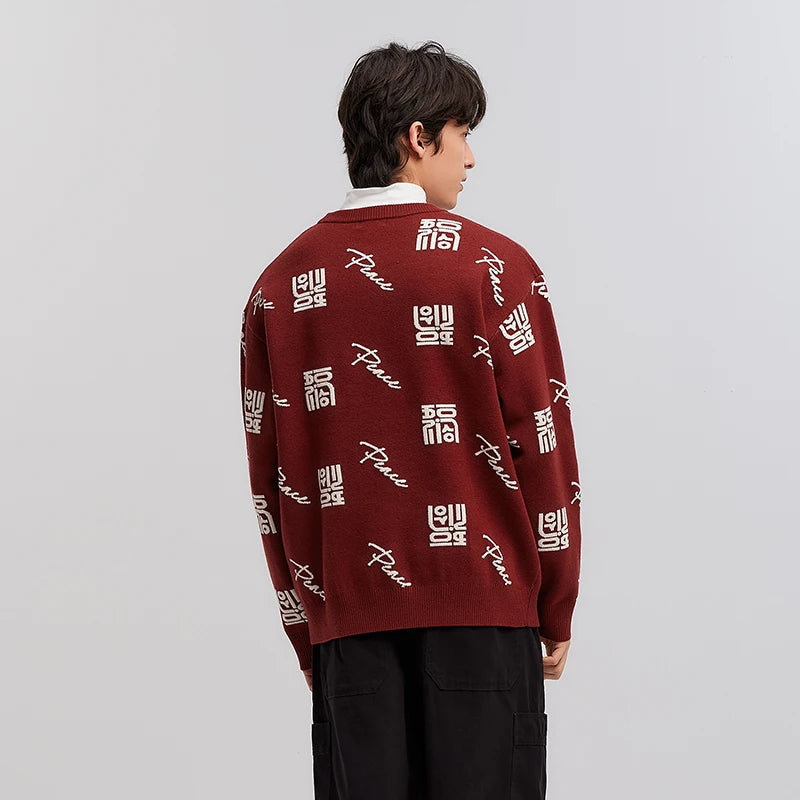 Semir Sweater Men New Year's Red Jacquard Knitted Sweater 2025 New Spring Couple's Sweater Loose