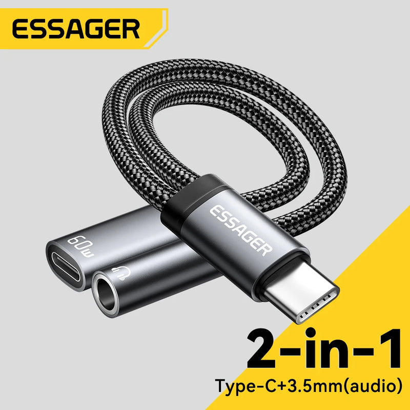 Essager 2 in 1 Type C to 3.5mm AUX Cable Headphone Adapter PD 60W សាកថ្មលឿនសម្រាប់ iPhone 16 15 Samsung Xiaomi 14 13 Tablet PC