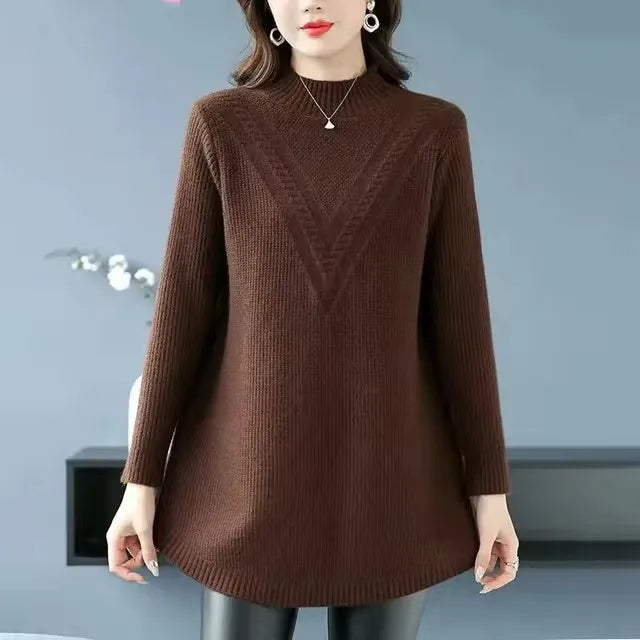Mother Long Sleeve Casual Long Wool Sweaters New Autumn Winter Large Size Women Pullovers Fashion Half Turtleneck Knitted Dress
