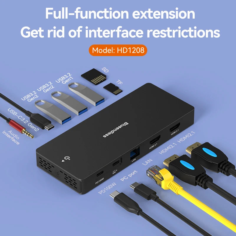 ស្ថានីយ៍ចត Blueendless 8K Dual HDMI DP USB C HUB USB 3.2 GEN 2 SD/TF 100W PDRJ45 Ethernet 3.5mm Audio Adapter សម្រាប់ MacBook