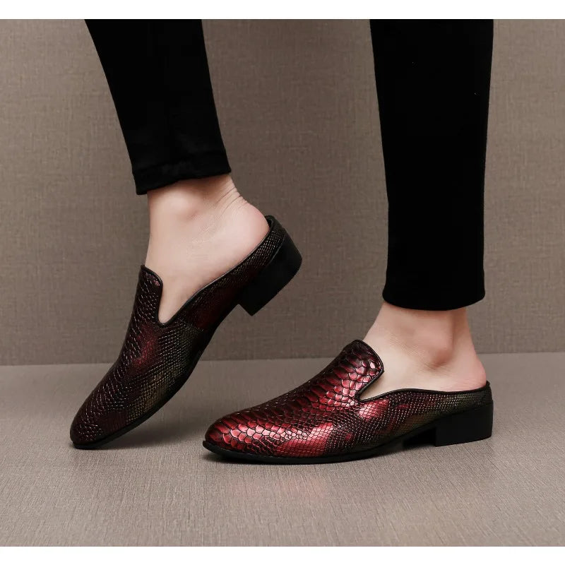 Big Size Mens Backless Mules Pointed Toe Slip on Loafers Men Low Heel Python Pattern Half Slippers Party Dress Shoes