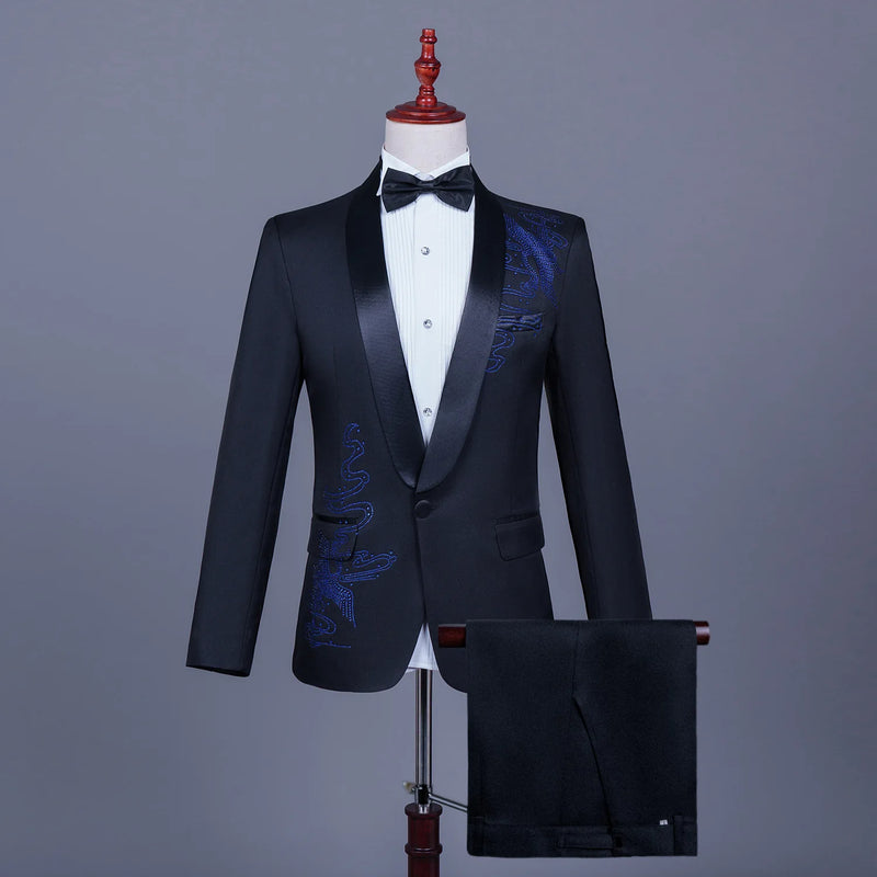 Men's Black Tuxedo Set with Diamond Embellished Jacket and Matching Trousers in White for Choirs/Stage Performances/Weddings