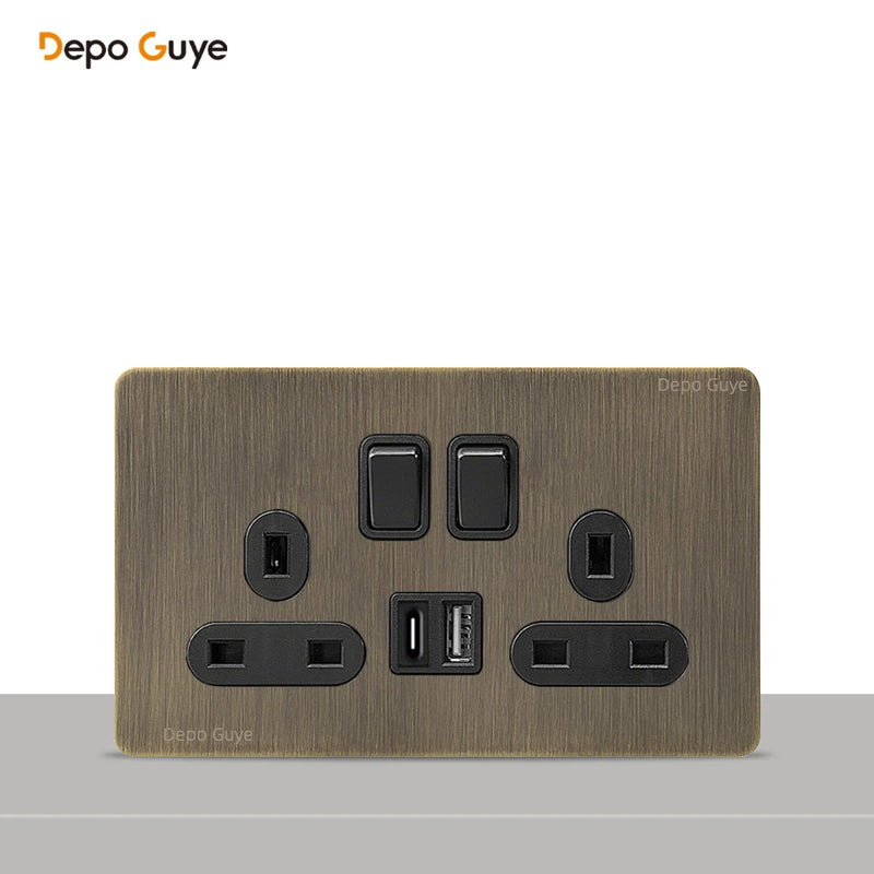 146 Type Retro Metal Panel UK 13A Wall Socket,Bronzed Stainless Steel Power Universal 3-pin Dual Power Socket With USB C charge