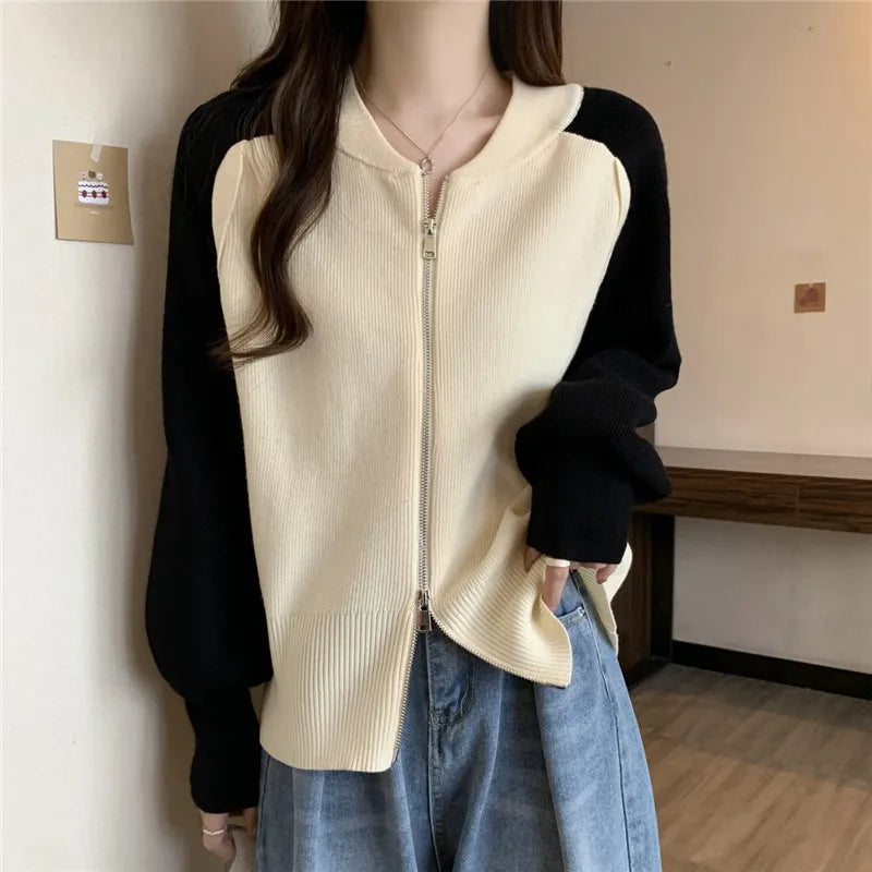 អាវក្រៅ Cardigans ពណ៌ផ្ទុយគ្នាសម្រាប់ស្ត្រី អាវក្រោះក្រាស់ថ្មីសម្រាប់ស្ត្រី អាវក្រៅនិទាឃរដូវរដូវស្លឹកឈើជ្រុះ