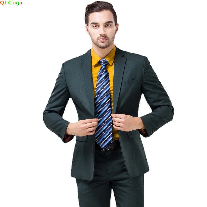 Men's Dark Green Suit Two-Piece, Asian Sizes Slim Dress Jacket and Pants,Wedding / Party Blazer Coat+Trousers Red Blue Black