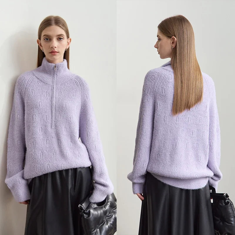 អាវយឺត Amii Turtleneck មានខ្សែរ៉ូត ពាក់កណ្ដាលបើក ធ្វើពីរោមចៀមសិប្បនិម្មិត ម្ជុល អាវក្រៅ 2025 រដូវរងា សម្រាប់នារី ដៃអាវរលុង 12444266